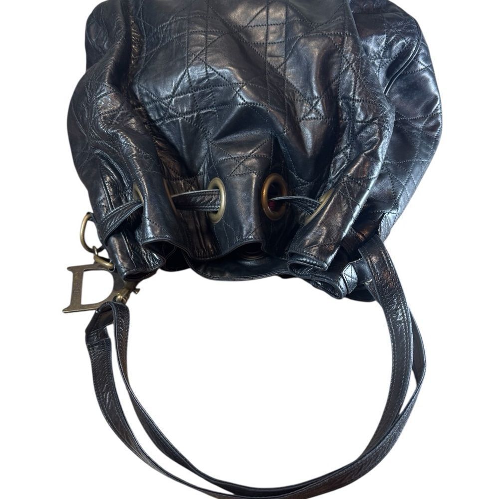 DIOR Black Quilted Cannage Leather Drawstring Hobo Bucket Shoulder Bag Auth Ex++ - Picture 9 of 16